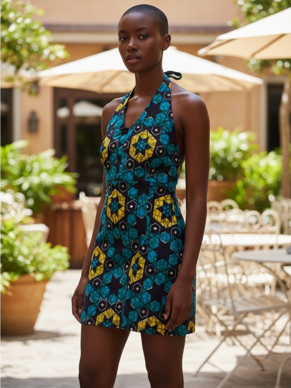 Le Piment Rouge Halter Mini Dress in Vibrant Teal & Yellow Print